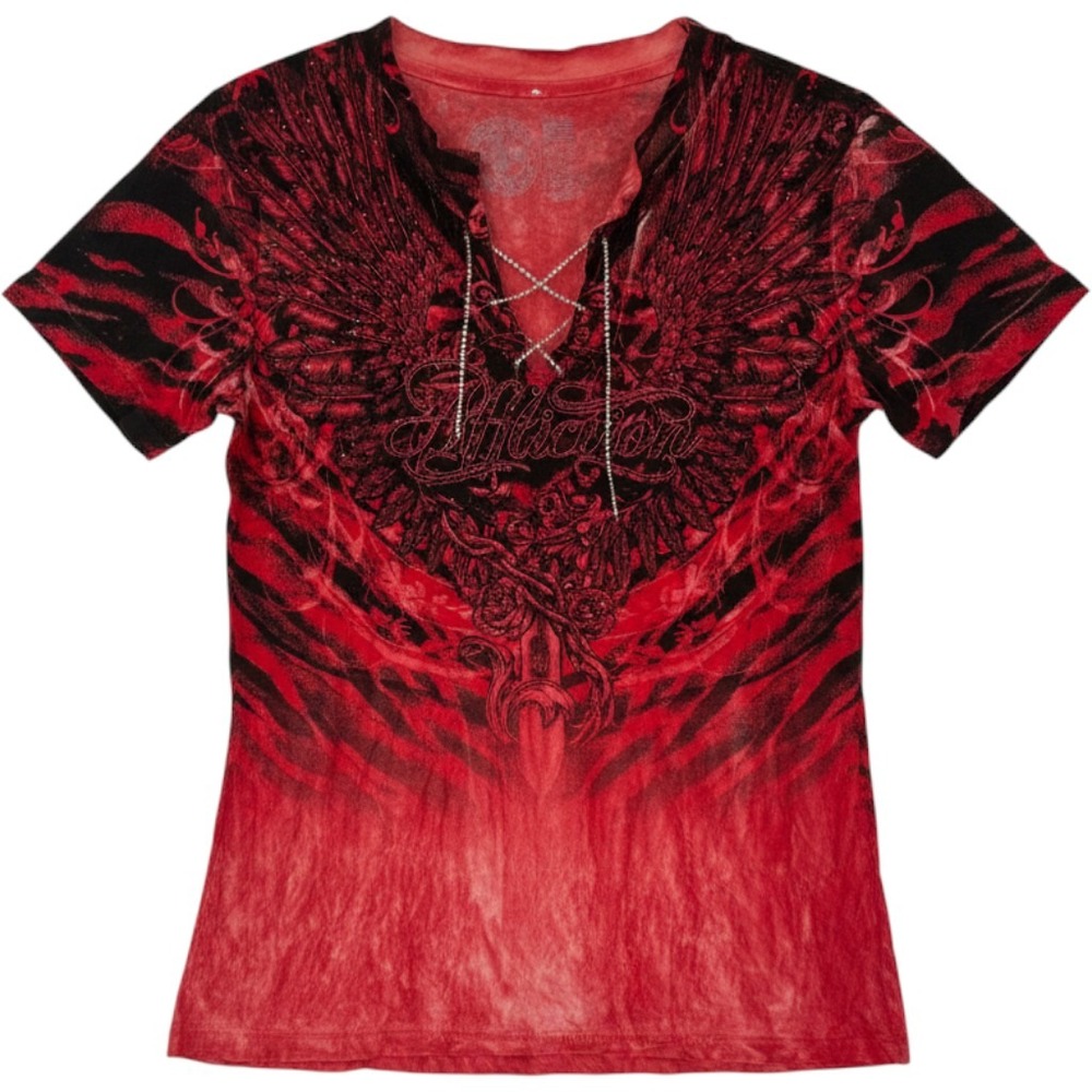 Affliction T-Shirt Womens Medium Red Lace Up Wing Graphic Rhinestone Tee
